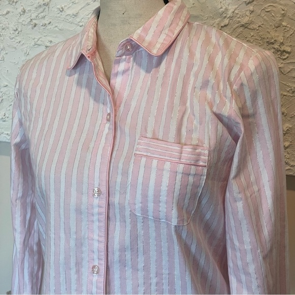 Victoria’s Secret Pink Silver Striped Pajama Buttom Down Shirt Flannel Sz XS NWT - Picture 2 of 7
